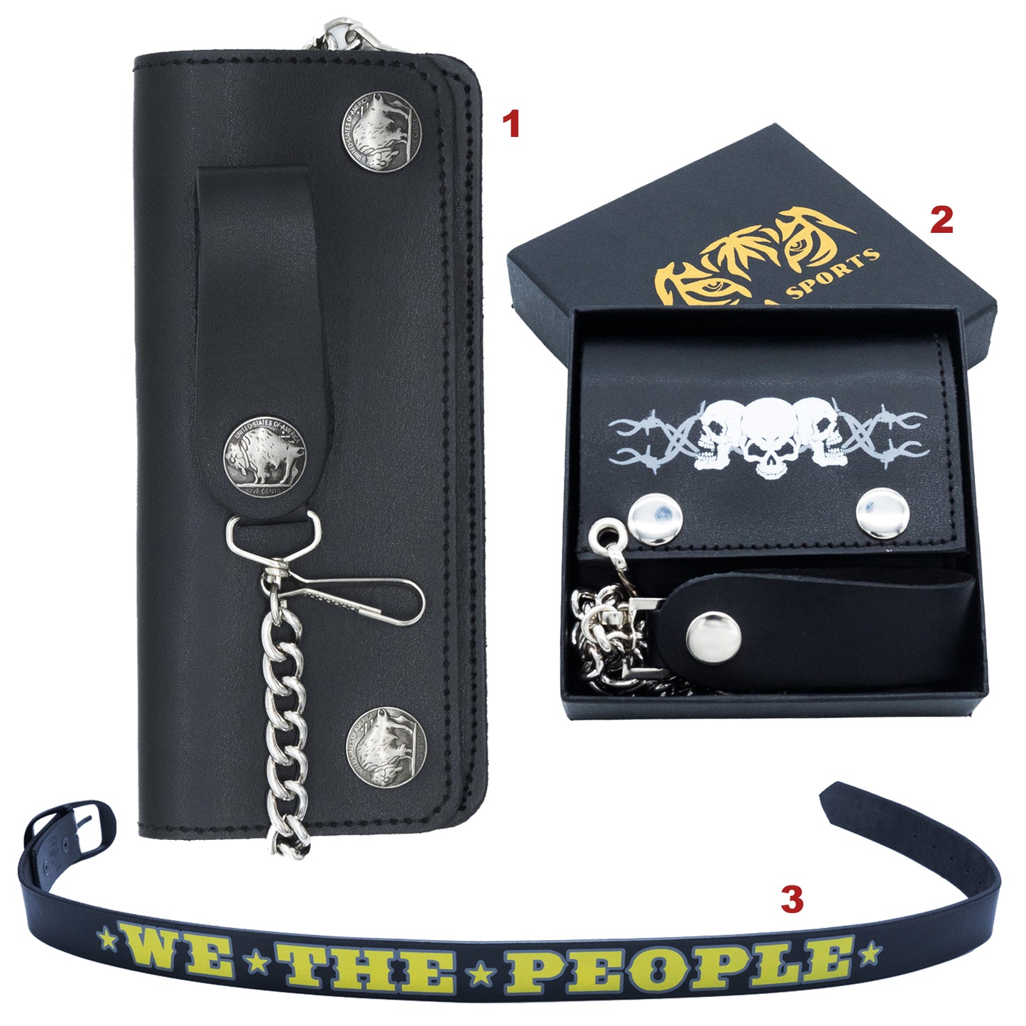 Set of 3 – 2 Wallets + 1 Genuine Leather Belt – Biker Gift Set