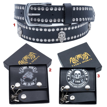 Set of 3 – 2 Wallets + 1 Genuine Leather Belt – Biker Gift Set