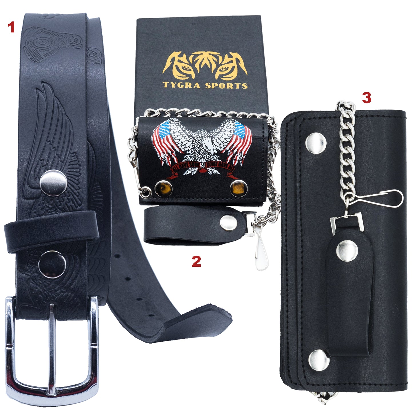 Set of 3 – 2 Wallets + 1 Genuine Leather Belt – Biker Gift Set