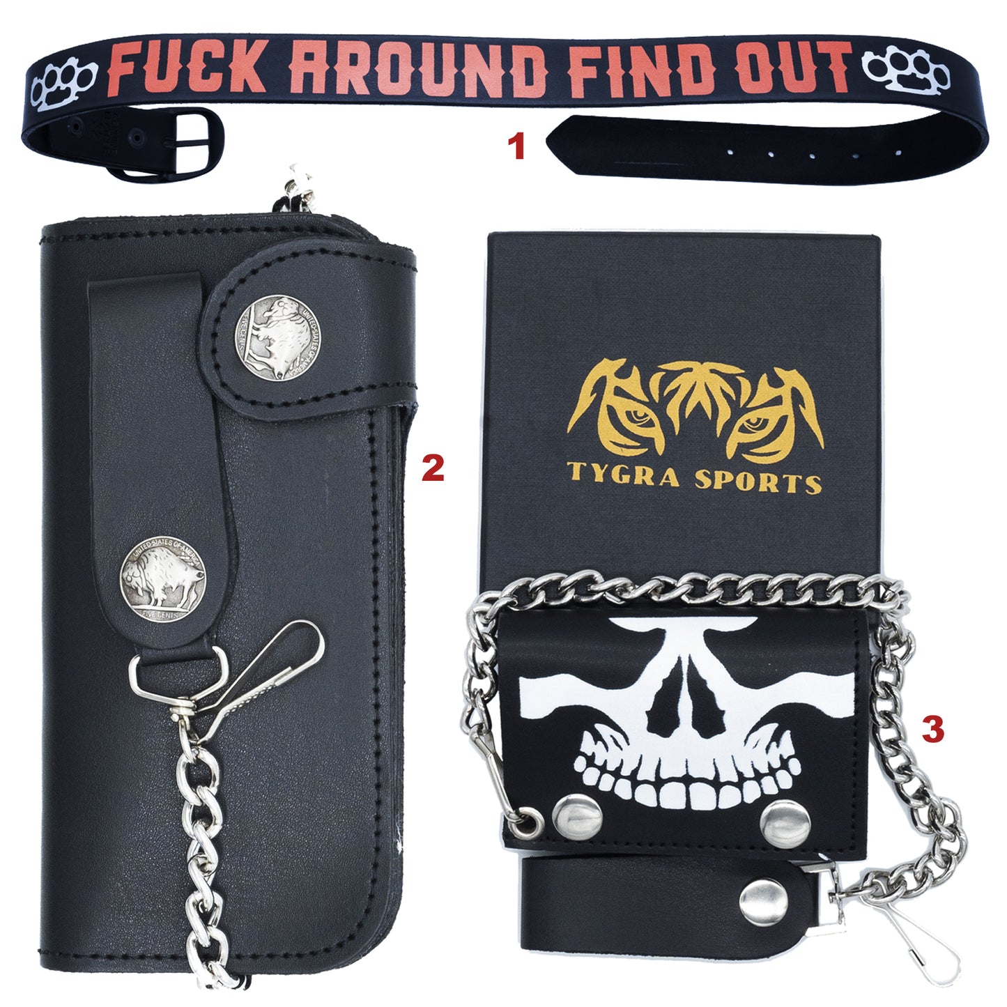 Set of 3 – 2 Wallets + 1 Genuine Leather Belt – Biker Gift Set