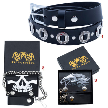 Set of 3 – 2 Wallets + 1 Genuine Leather Belt – Biker Gift Set