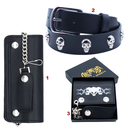Set of 3 – 2 Wallets + 1 Genuine Leather Belt – Biker Gift Set