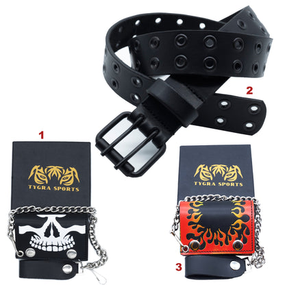 Set of 3 – 2 Wallets + 1 Genuine Leather Belt – Biker Gift Set