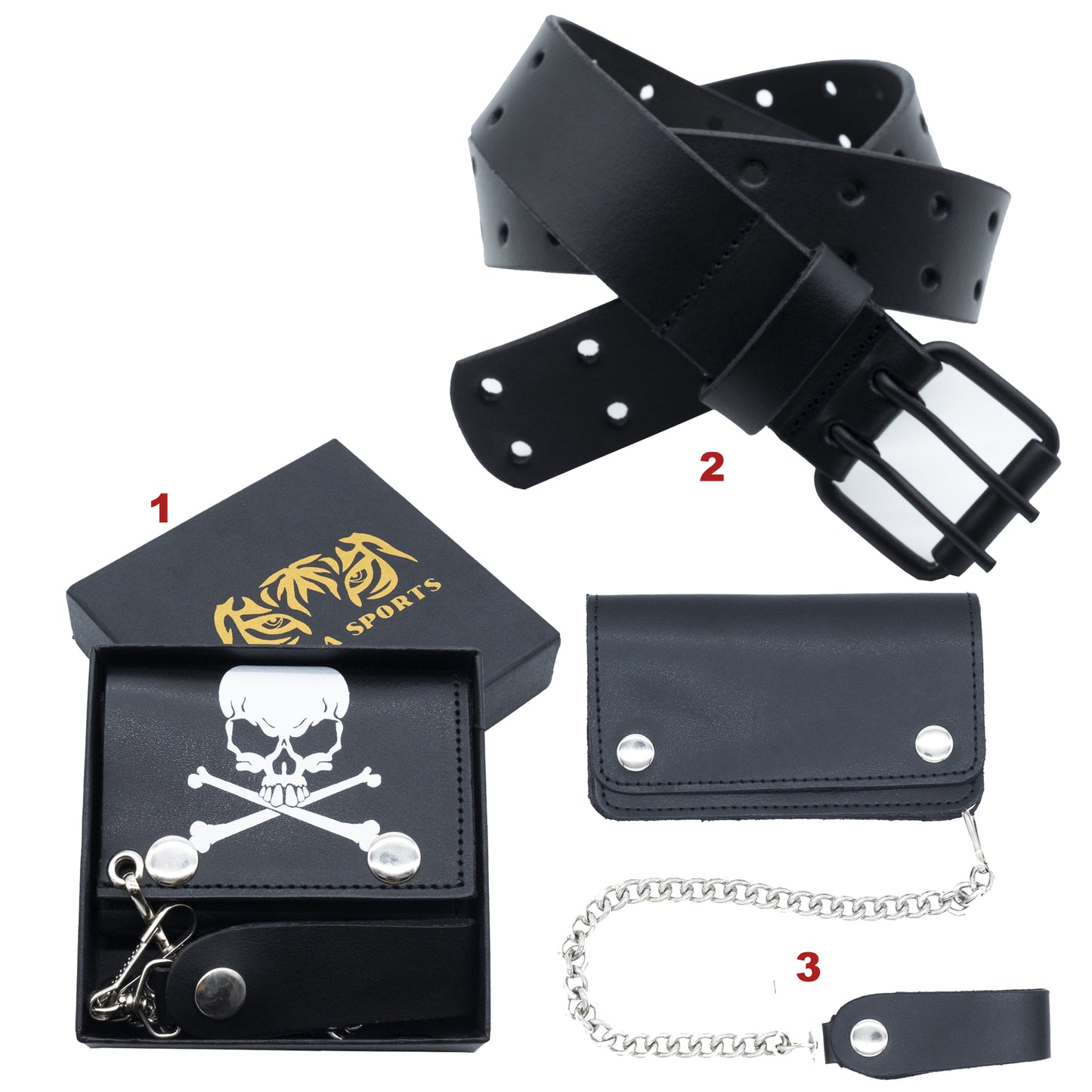 Set of 3 – 2 Wallets + 1 Genuine Leather Belt – Biker Gift Set