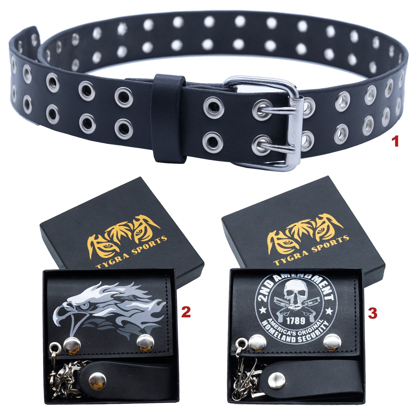 Set of 3 – 2 Wallets + 1 Genuine Leather Belt – Biker Gift Set