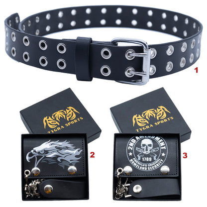 Set of 3 – 2 Wallets + 1 Genuine Leather Belt – Biker Gift Set