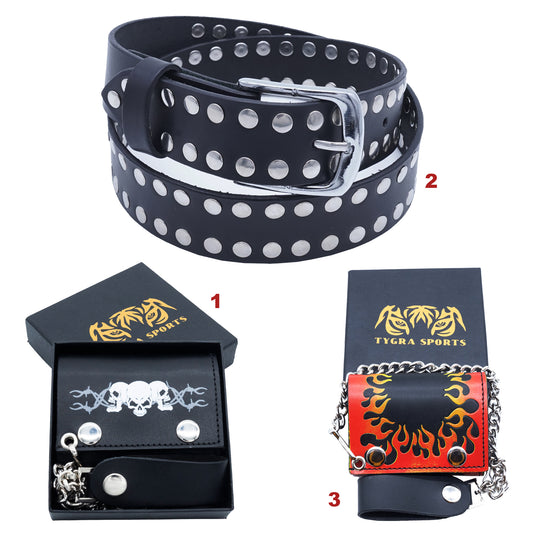 Set of 3 – 2 Wallets + 1 Genuine Leather Belt – Biker Gift Set