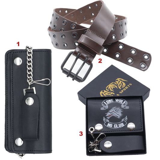 Set of 3 – 2 Wallets + 1 Genuine Leather Belt – Biker Gift Set