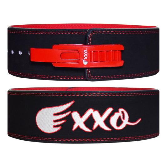 Exxo Weightlifting Lever Belt Made of Genuine Cow Leather 10mm Thick Heavy duty Belt with Outside Teeth Buckle for Men & Women Lower Back Support for Gym Workouts Deadlifts Squats Powerlifting (Black (Red))