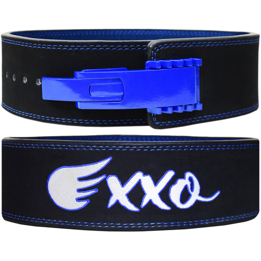 Exxo Weightlifting Lever Belt Made of Genuine Cow Leather 10mm Thick Heavy duty Belt with Outside Teeth Buckle for Men & Women Lower Back Support for Gym Workouts Deadlifts Squats Powerlifting (Black (Blue))